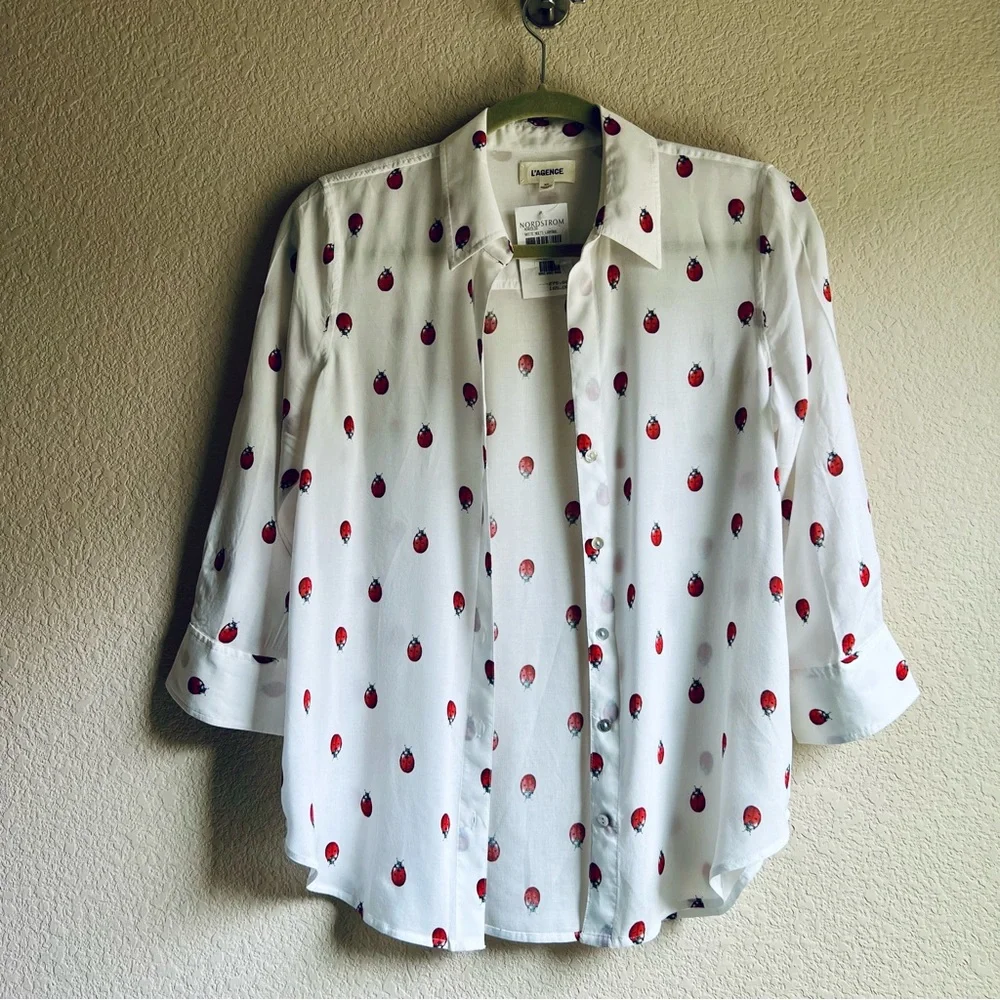 NWT L'Agence White Camille Ladybug Print Button-Up Shirt Size S - Picture 3 of 16